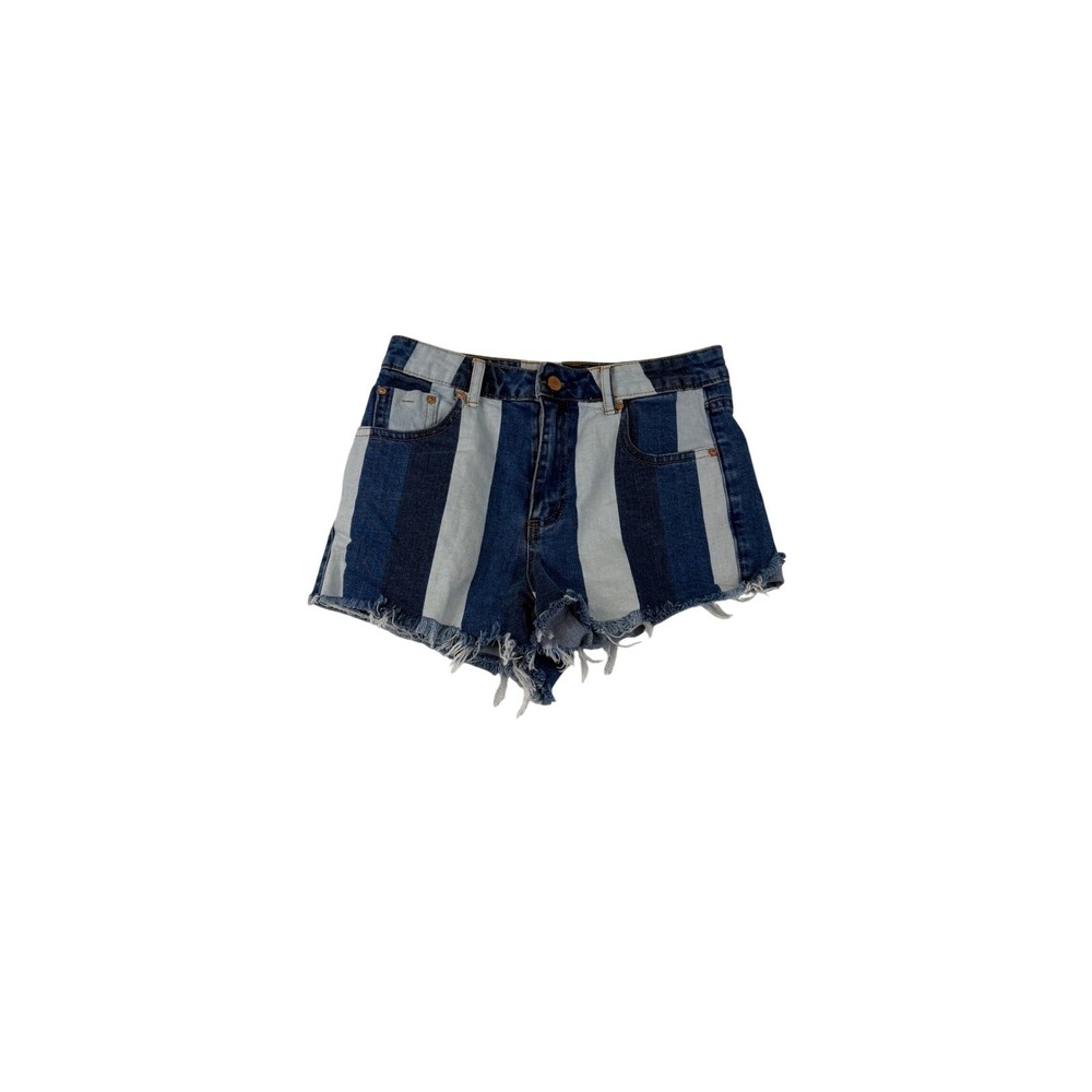 Tractr Girls Blue Striped Denim Cut Off Shorts Size 14 High Waisted Frayed Hem